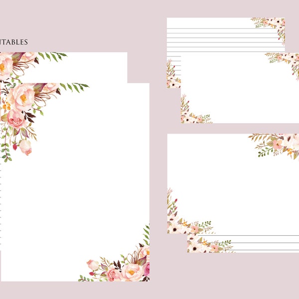 Ensemble de papeterie florale Boho BLUSH | Papier à lettres imprimable | 8.5x11 | Bouquet Rose | doublé | Papier non ligné | Cartes de correspondance| Téléchargement instantané