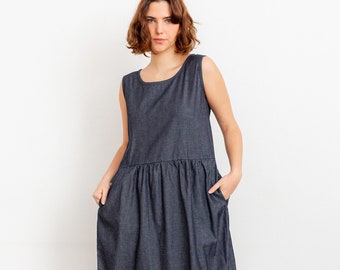 sleeveless jean dress, knee length denim dress, denim pinafore, long denim dress