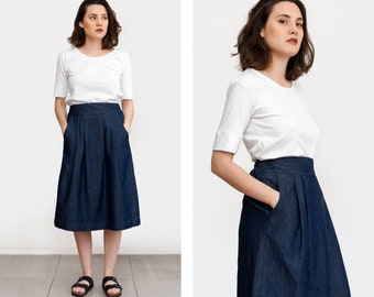 Denim skirt, Skirt with pockets, Jean Midi skirt, High waist skirt, wholesale