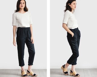 Pantalon fuselé en lin noir pour femmes, taille élastique • Pantalon en lin délavé pour femmes • vêtements en lin • cadeaux pour femmes • Cérémonie VIENA