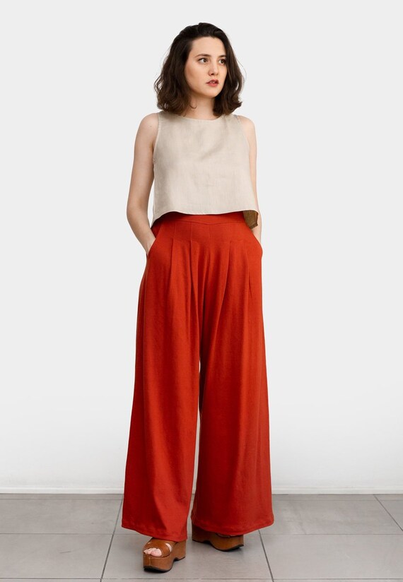 Wide Leg Pants Cotton Palazzo Pants High Waisted Trouser Etsy