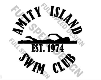 May include: Black and white logo for Amity Island Swim Club, established in 1974. The logo features a swimmer in silhouette, with the words "Amity Island Swim Club" and "Est. 1974" surrounding the swimmer.
