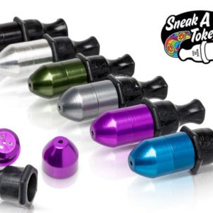 May include: A set of ten colorful, metal, and plastic smoking pipes. The pipes are in various colors, including black, silver, green, purple, and blue. The pipes are all shaped like a small, cylindrical tube with a mouthpiece on one end and a bowl on the other. The pipes are all labeled with the words "Sneak A Toke".