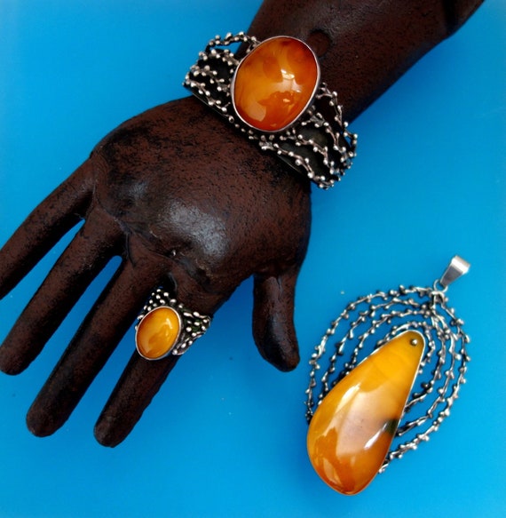 HANDCRAFTED GENUINE AMBER  Silver Jewellery Set A… - image 1