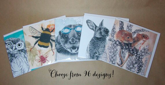 Greetings Cards Pack of 5 (blank inside). 96 designs, 6"sq, 300gsm Matt White Card & white envelope in individual biodegradable bags.