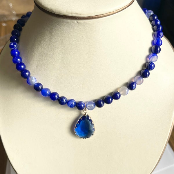 Blue Agate 8mm Round and Crstal 29x18x6mm Pendant Necklace Gemstone Bead 16 inch strand