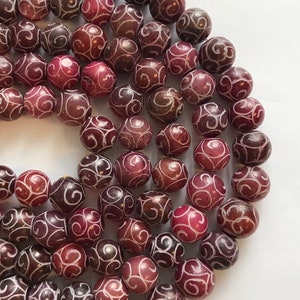 Ruby Jade 12mm 15mm Carved Round Gemstone Beads -15.5 inch