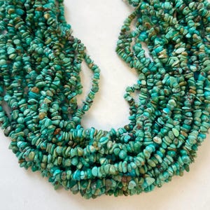 May include: A strand of turquoise chip beads, featuring a mix of light and dark blue hues. The chips are irregular in shape and size, creating a natural and rustic look.