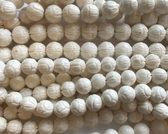 natural white Coral 10mm 12mm carved round gemstone beads--15.5"