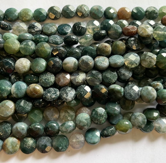 Natural Moss Agate 8x5mm Faceted Flat Coin Gemstone Beads~