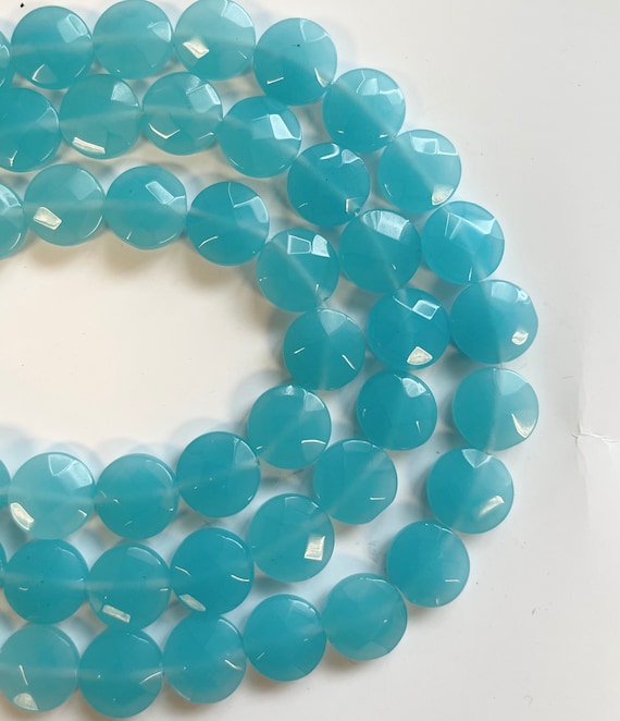 Blue Chalcedony 14x6mm Faceted Coin Gemstone inch strand