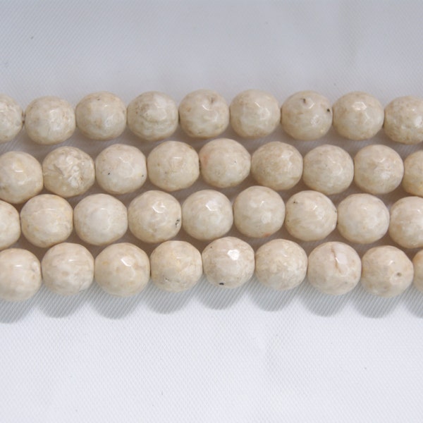 6mm,8mm,10mm Faceted Round Fossil Jade/River Stone Cream Gemstone Bead--15.5 inch strand