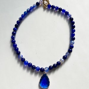 Blue Agate 8mm Round and Crstal 29x18x6mm Pendant Necklace Gemstone Bead 16 inch strand image 2