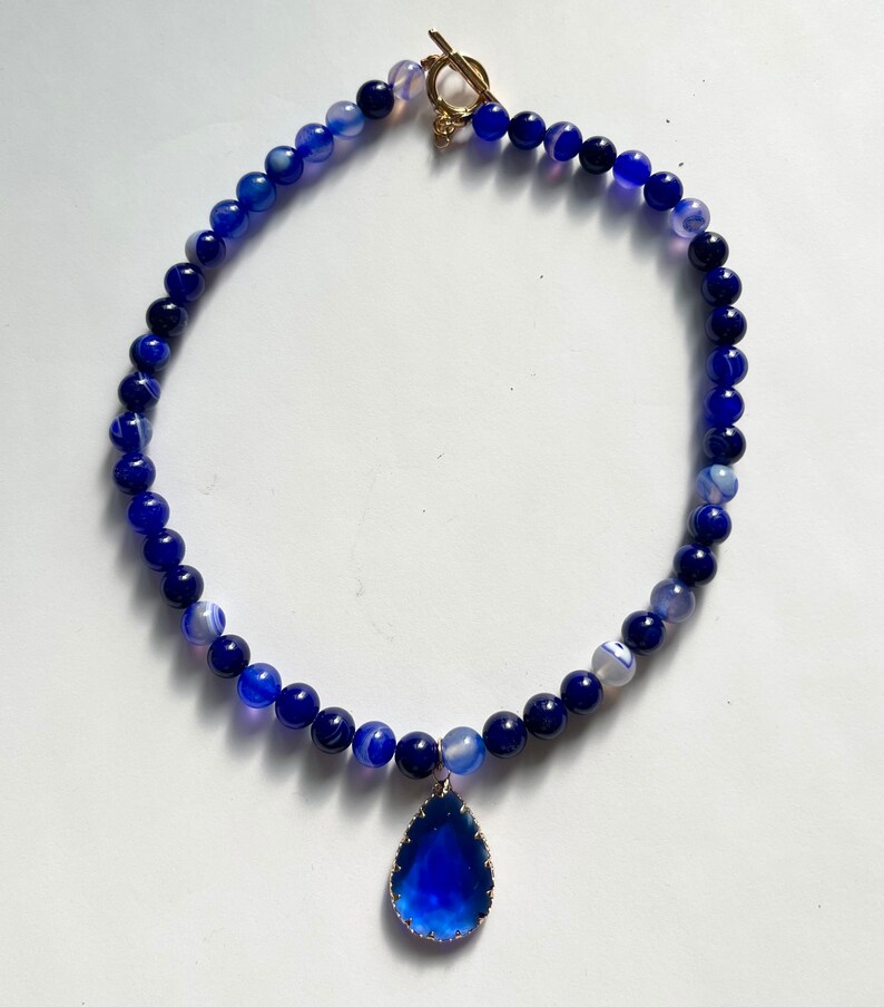 Blue Agate 8mm Round and Crstal 29x18x6mm Pendant Necklace Gemstone Bead 16 inch strand image 2