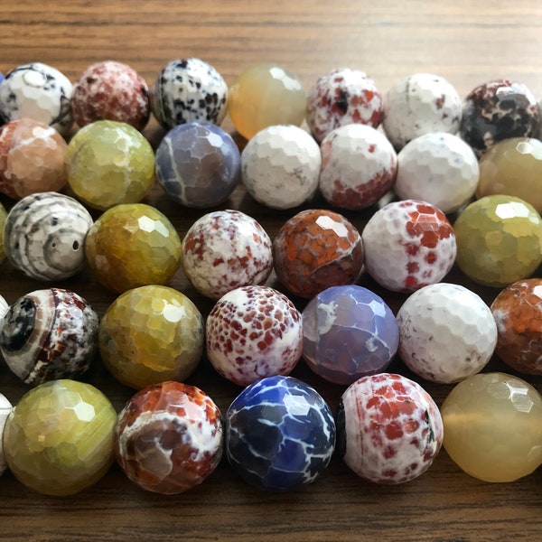 multi color fire agate 15mm faceted round gemstone beads -15.5"