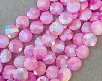 AB pink shell 15x4mm faceted flat coin mother of pearl beads--15.5"