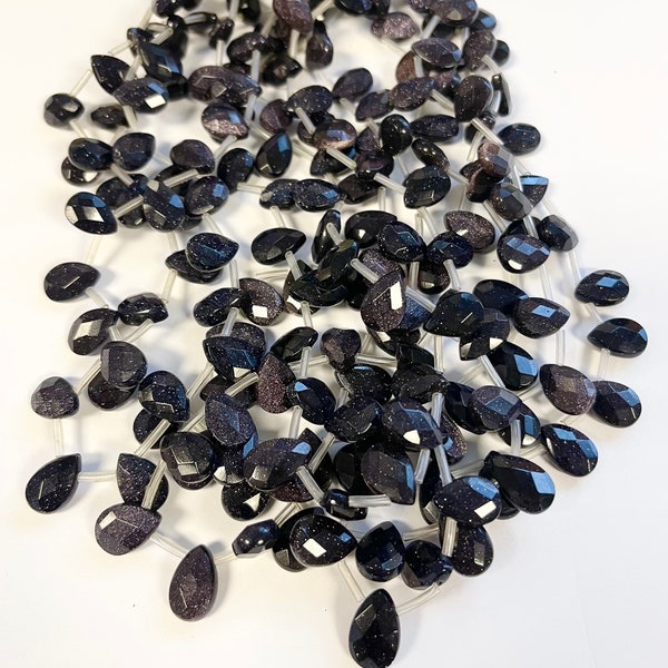 Blue Goldstone Faceted flat teardrop 12x8x4mm gemstone beads--15.5 inch strand