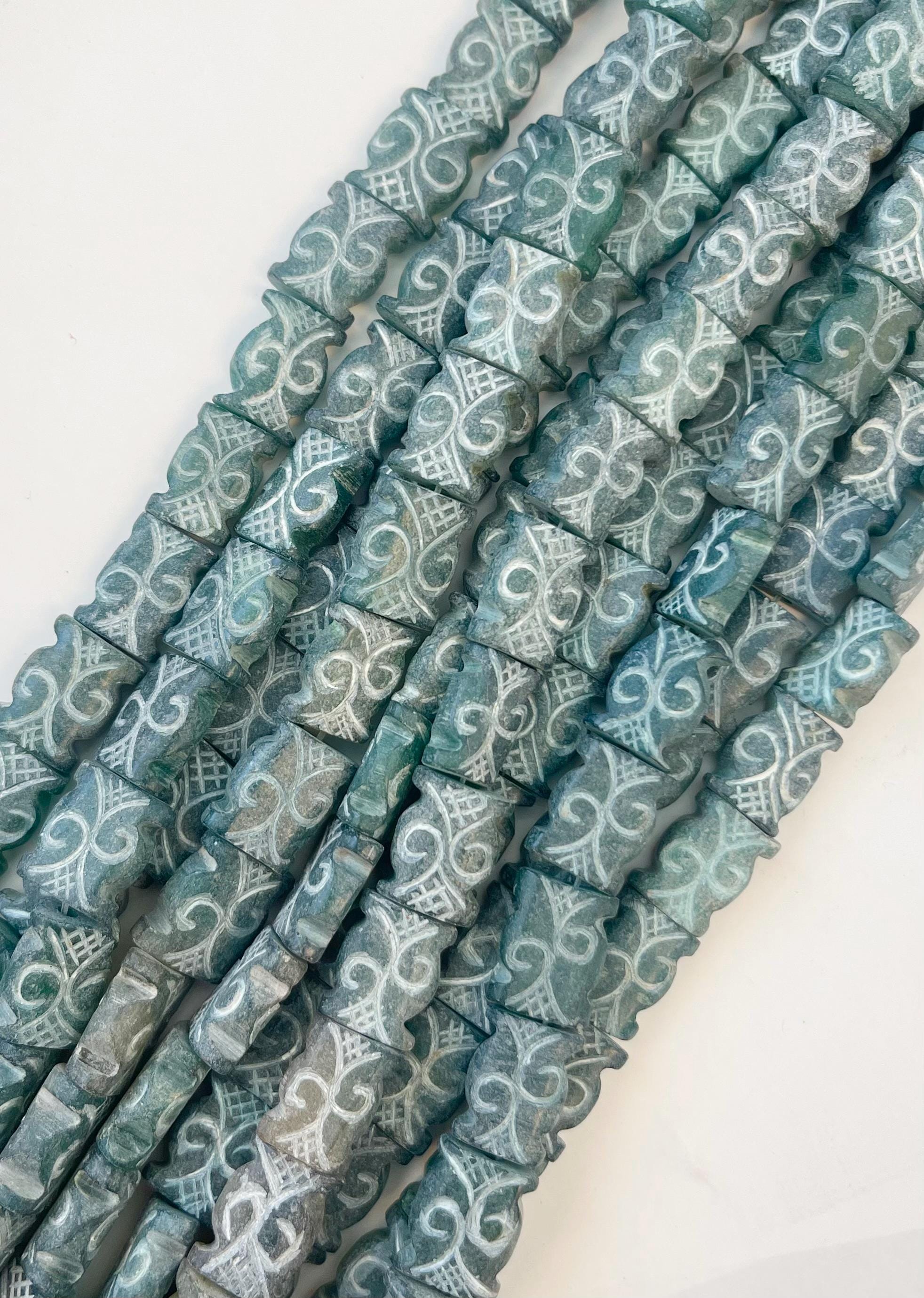 Green Old Jade 16x12x6mm Flat Carved Gemstone Beads -15.5 inch strand