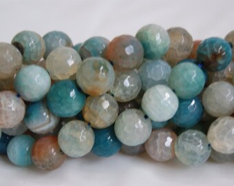 Agate Blue and White 10mm 12mm Faceted Round Shaped Gemstone Beads --15.5 inch strand