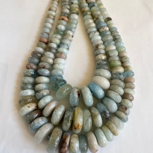 Natural Aquamarine 7x4mm-20x7mm Graduated Rondelle Gemstone Beads- -15.5 inch strand