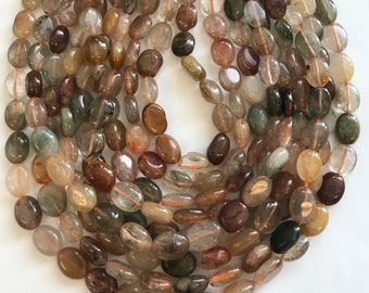 natural rutilated quartz 12x10x5mm flat oval Gemstone Bead~ -15.5 inch strand-