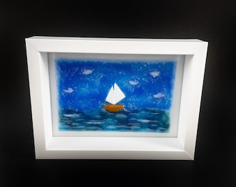 Fused Glass Beach Scene, Ocean Art, White Framed Beach Art