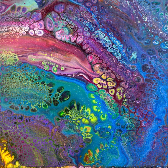 Blue and Bright Pink Abstract Original Acrylic Pour Painting, 12 x 12,  Fluid Art Painting