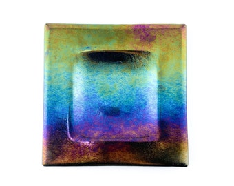 Large Iridescent Glass Platter, Matte Rainbow Iridescent Plate, Decorative Glass Centerpiece