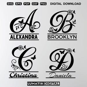 May include: Four black and white monogram designs with floral accents and butterflies. The letters are A, B, C, and D. Each letter is paired with a name: Alexandra, Brooklyn, Christina, and Daniela.