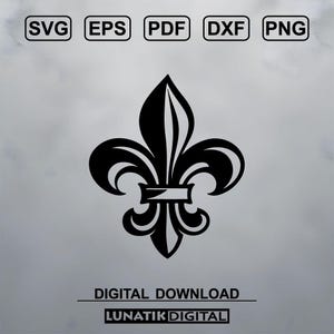 Puede incluir: Una descarga digital en blanco y negro de un diseño de flor de lis. El diseño es una versión estilizada de la flor de lis tradicional, con una punta puntiaguda y tres pétalos.
