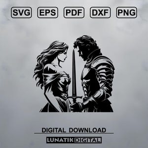 Puede incluir: Ilustración en silueta en blanco y negro de una mujer y un hombre que se miran. La mujer sostiene una espada y el hombre lleva armadura. La imagen es una descarga digital.