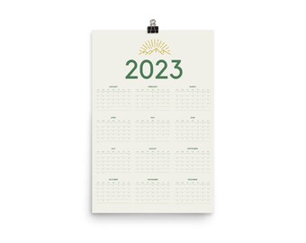 2023 Modern Mountain Wall Calendar Poster // gold, green, cream, 2023 calendar print, wall calendar, 24x36, at a glance calendar