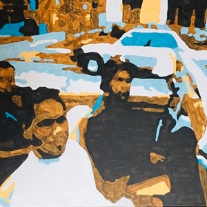 May include: An abstract painting featuring figures in a car, rendered in a palette of black, white, tan, and blue. The artwork has a modern, graphic style, with bold lines and shapes defining the subjects and background.