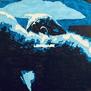 May include: Abstract painting with a dark blue background and white and light blue shapes. The shapes are reminiscent of clouds or waves.