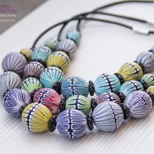 May include: A multi-strand necklace with colorful, patterned beads. The beads are made of polymer clay and have a variety of geometric designs. The necklace is strung on black cord and has silver clasps.