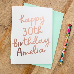 Carte de joyeux 30e anniversaire personnalisée, carte de 30e anniversaire pour elle, carte d’anniversaire personnalisée en feuille d’or rose,