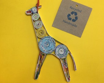 Eco-Art Giraffe Ornament, Handmade Quilled Paper Christmas Gift, Recycled Upcycled Origami Art