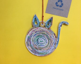 Cat Ornament, Handmade Quilled Upcycled Recycled Paper Christmas Decor