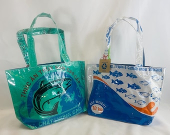 New Style! Recycled Eco-Art Mini Tote, ‘Open Top’ no zipper, plastic rice bag feed sack, Japanese kawaii handbag, gift for her