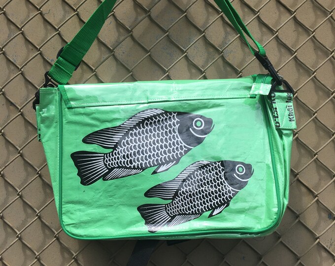 Ecoart Recycled Plastic Messenger Bag, green Fish Rice Bag, Upcycled