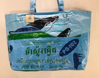 Eco-Art XL Large 'Fishy Fun' Tote Bag, Recycled plastic reusable farmers market grocery bucket