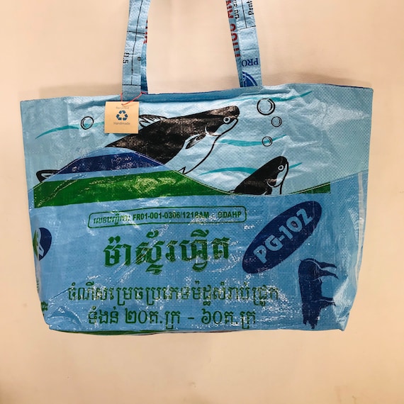 Eco-Art XL Large 'Fishy Fun' Tote Bag, Recycled plastic reusable farmers market grocery bucket