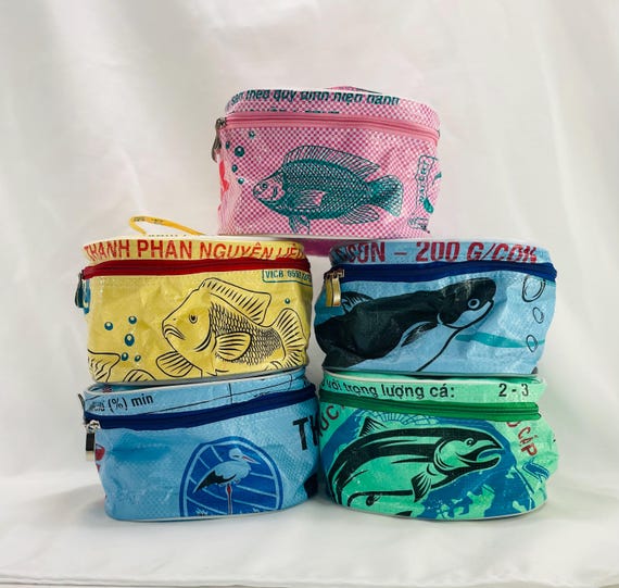 Recycled 'Fishy Fun' Makeup Bag, Toiletry Travel Pouch, Upcycled Oval Jewelry Case, plastic rice bag sack