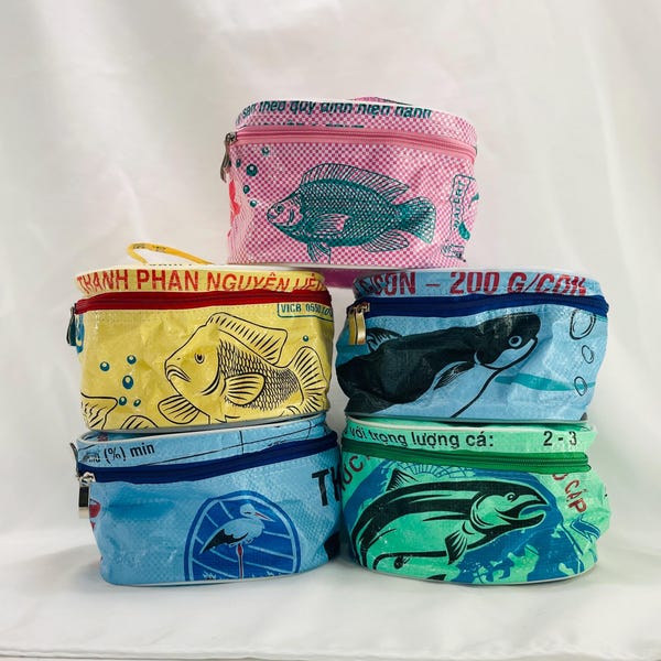 Recycled 'Fishy Fun' Makeup Bag, Toiletry Travel Pouch, Upcycled Oval Jewelry Case, plastic rice bag sack