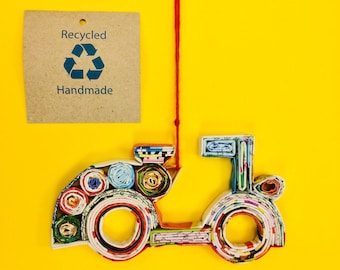 Eco-Art Motorcycle Christmas Ornament, Handmade Quilled Paper, Recycled Paper Scooter, Upcycled Lambretta Vespa Motorbike