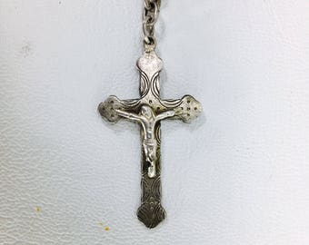 Vintage Silver Cross Necklace with crucifix, Catholic antique handmade rosary, collectible icon treasure