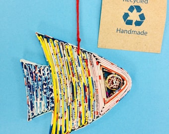 Eco-Art Fish Ornament, Quilled Recycled Paper Christmas Ornament, Upcycled Handmade Gift