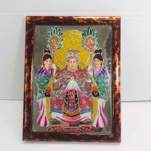 Vintage Buddhist Temple Painting, Three Lucky Fortune Women, Reverse Painted Glass Picture, Meditation Altar Art, Vietnam