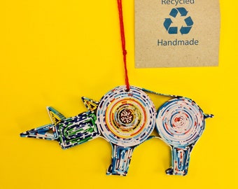 Eco-Art Quilled Rhino Christmas Ornament, Handmade Upcycled Decor, Recycled Paper Art