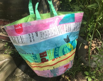 Eco-Art 'Medium Bucket' Striped Recycled Plastic Tote, upcycled rice bag & feed sack handbag, farmers market shopper, reusable trash basket